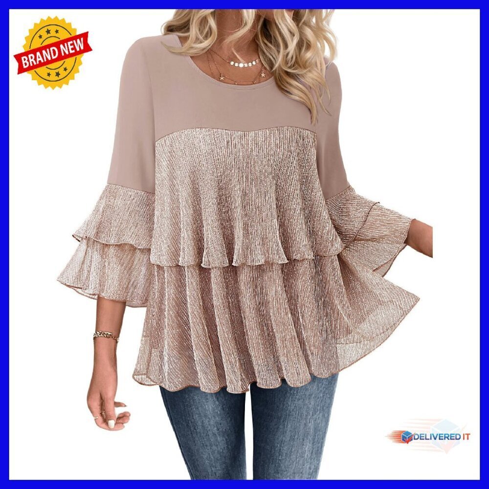 Sparkly Peplum Top 3/4 Sleeve Ruffles Evening Blouse Flowy Fit